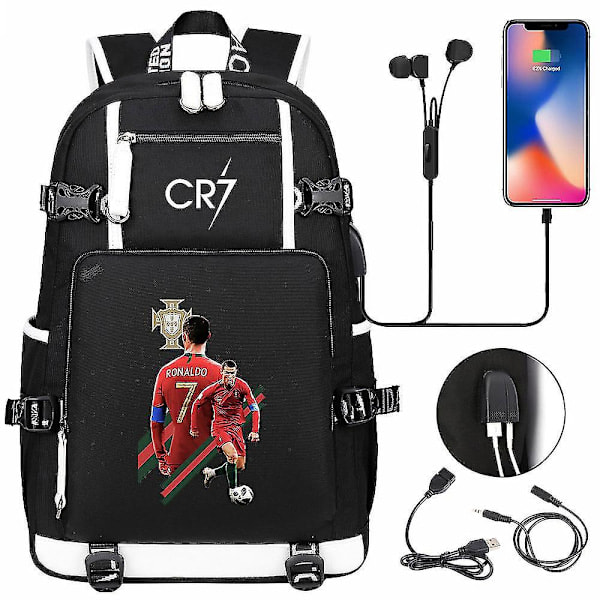 Cr7 Backpack with USB Charging Port, Black - Large School Bags for Teenagers, Waterproof Travel Laptop Mochilas for Men and Women