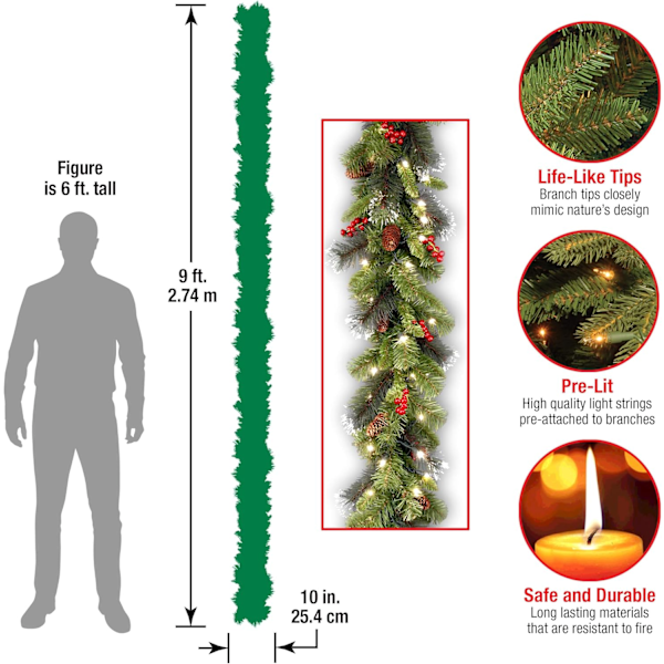 Valaistu keinotekoinen joulukranssi, vihreä, Crestwood Spruce, valkoiset kynttilät, koristeltu kävyillä, marjaklustereilla, 9 jalkaa.