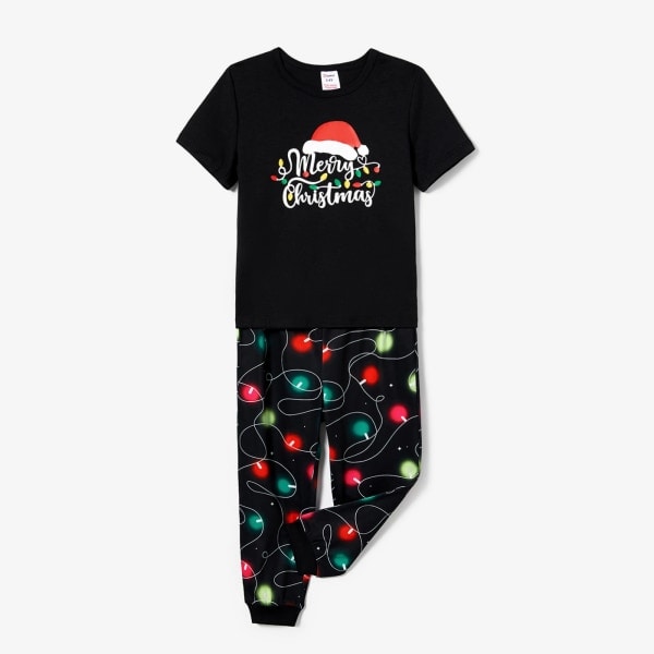 Julpyjamas med matchande bokstäver och festliga glödlampor för familjen (flamsäkra) Svart Barn 3-4 år