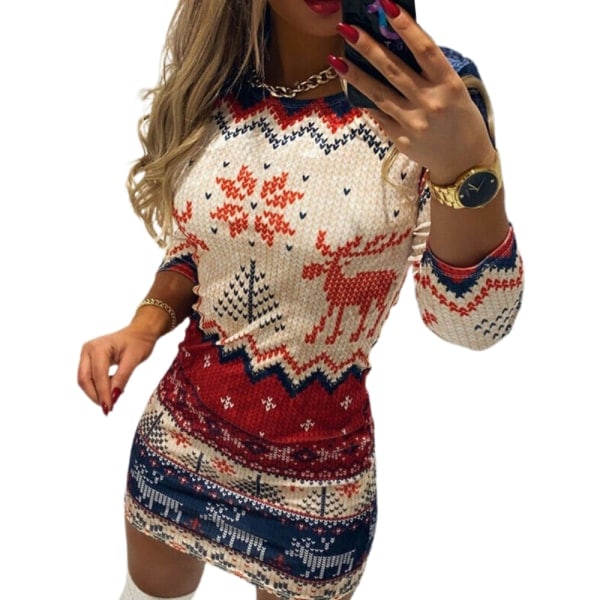 Kvindes Langærmet Mode Casual Juleprint Bodycon Kjole Rundhals Rundhals XL