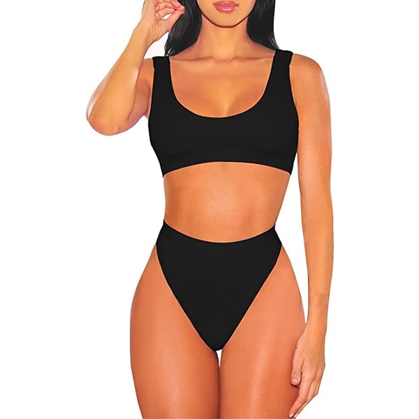 2-delt bikini med crop top & høj talje 01 - sort M
