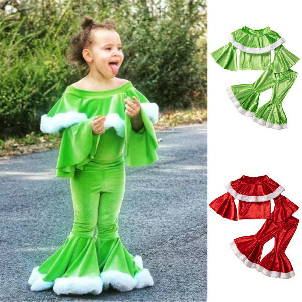 Christmas outfit for children with long-sleeved top and bell bottoms, party clothes green 150cm