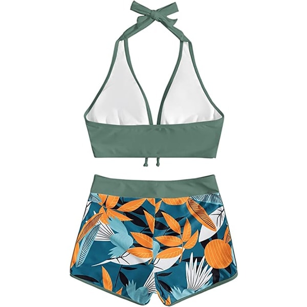 Bikinin setti halter-kauluksella ja lehtikuviolliset shortsit, vihreä XL