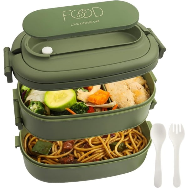 Lagdelt lunsjboks 1550 ml Lunsjboks med 3 rom og bestikk - Plast BPA-fri lunsjboks