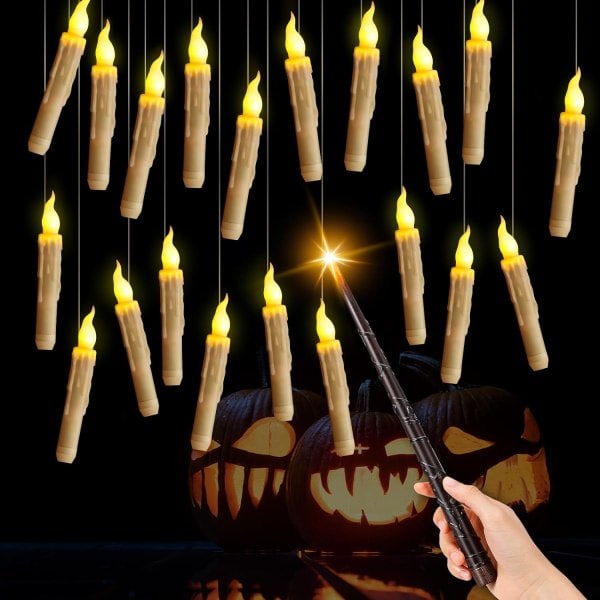 REMAKE Halloween-koriste, 20 liekittömää riippuvaa kynttilää norsunluunvärisenä kaukosäätimellä