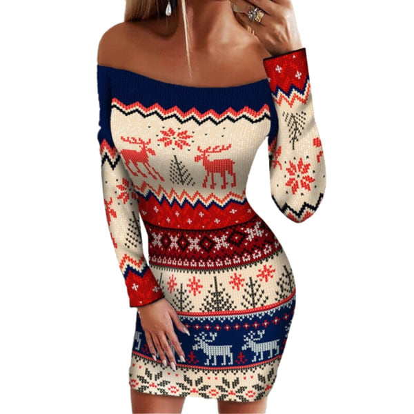Kvindes Langærmet Mode Casual Juleprint Bodycon Kjole - Perfekt En skulder XL