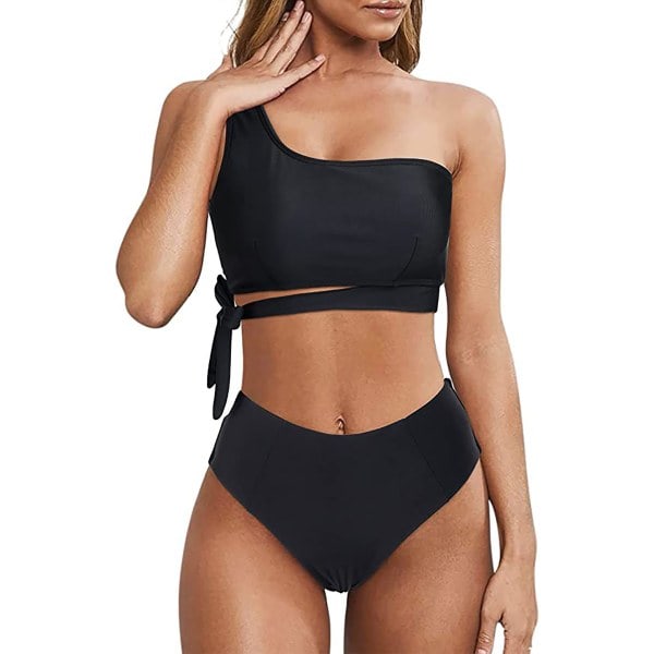 2-piece bikini with high waist and one shoulder design Black M