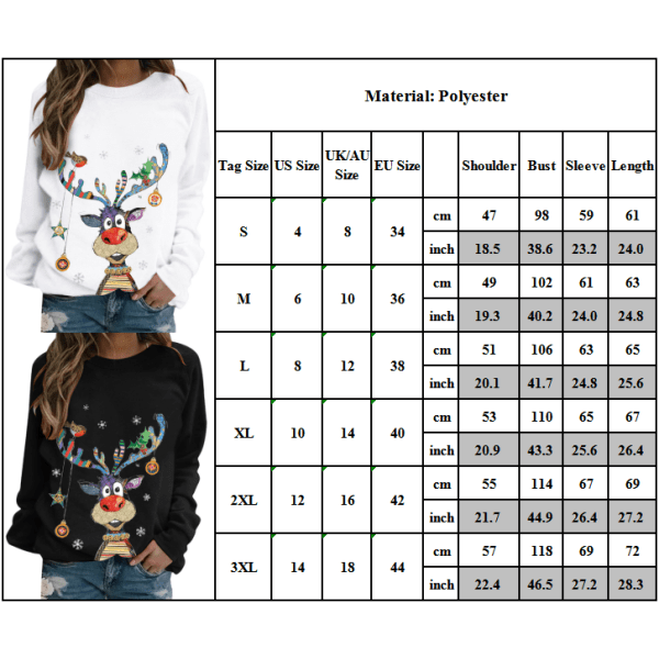 Dametrøje med lange ærmer og julemotiv af elg Hvid 2XL