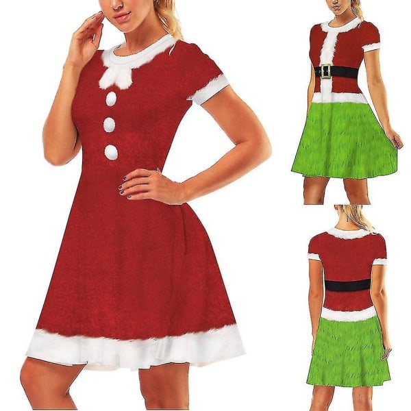 Röda och gröna jultomtedräkten för kvinnor, kortärmad, rund hals, DXGHC