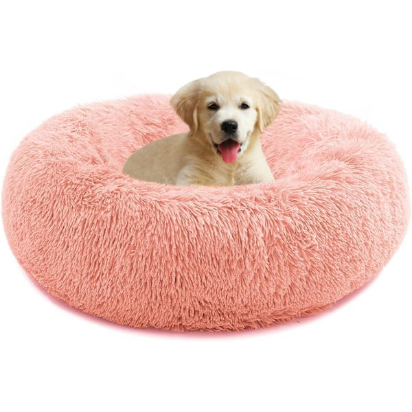 REMAKE Hundbädd, Donutformad Kattbädd, Fluffig Lugnande Djurbädd med Avtagbar Tvättad Filt, Mjuk Lång Plysch, 60cm, Rosa