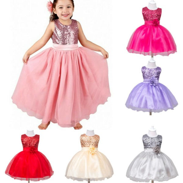 Pige Sequins Festlig Fancy Dress Party Bryllup Brudepige Kjole Lilla Lilla 130cm