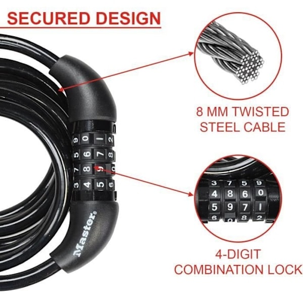 Pyörän lukko - MASTER LOCK - 8221EURDPRO - 1,8 m kierretty kaapeli - Ohjelmoitava yhdistelmä