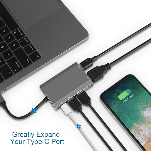 5-in-1 Type-C -keskitinadapteri HDMI:llä, USB 3.0:lla ja USB-C PD:llä