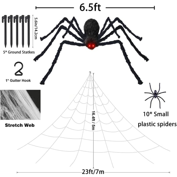 REMAKE Halloween-edderkopp, 200 cm gigantisk edderkopp, Halloween utendørs dekorasjon med 7 m trekantnett 20 g utvidbart edderkoppnett 10 plast edderkopper, skrekk