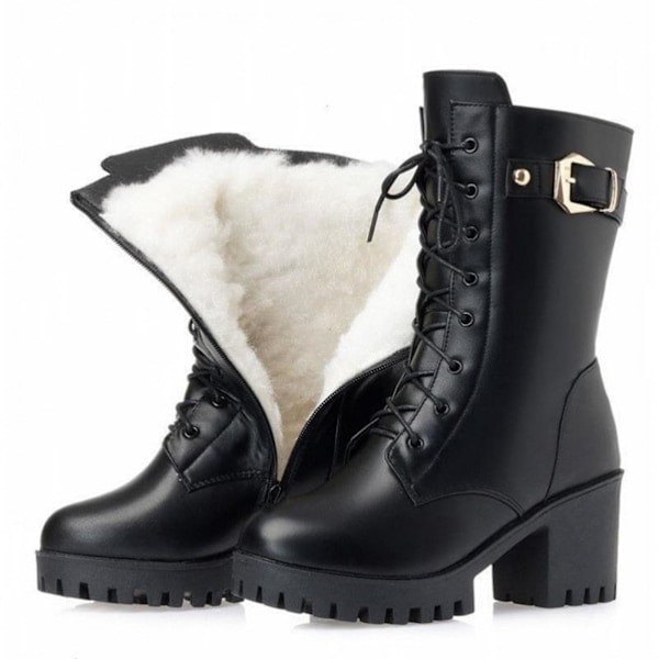 Dame Platform Block Lace Up Støvler Slip On Feet PU Læder Støvler Gave Til Jul Fødselsdag Nytår Sort Sort Sort 36