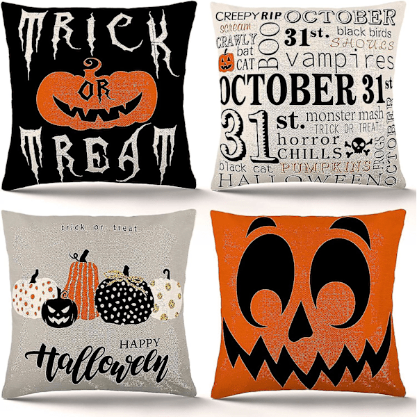 Set Of 4 Halloween Pillow Covers - 18x18 Inch Trick Or Treat Pumpkin Linen Pillow Cases For Sofa Couch Halloween Decorations