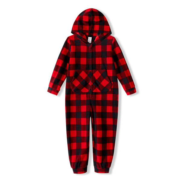 Julpyjamas för familjen - Röd Rutiga, Huva, Långärmad, Tjock Fleece, Dragkedja (Flamsäker) Röd/Svart Kvinna S