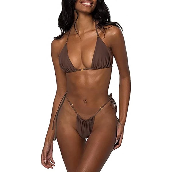 Sexy halter thong bikini set in one color Brown M