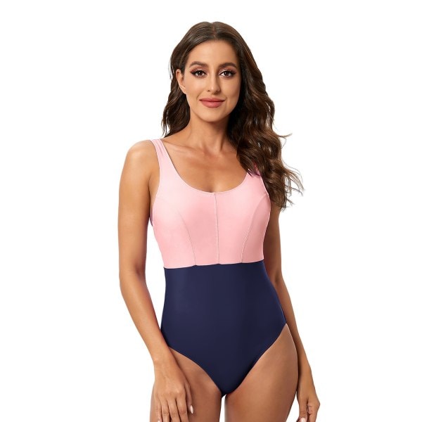 Enkeldelad bikini med triangeldesign i färgblock Rosa/Tibetansk grön XL