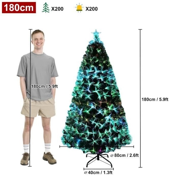 REMAKE UISEBRT 180cm Fiberoptisk Juletre med Stativ og 200 Spisser for Håndverk Festdekorasjon (Fargerike Kjegler) Grønn