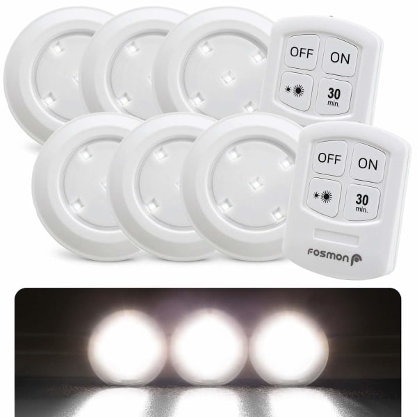 Trådløs LED-pucklampe med fjernkontroll, 5 dagslys, hvit LED, 30 minutters timer, pantry, benk, 6-pakning
