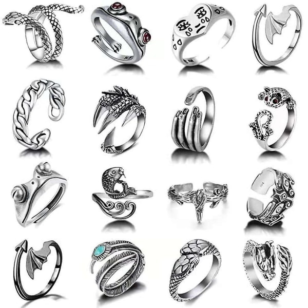 16 st Vintage Öppna Grodringar Set Knuckle Stacking Rings Söt Djur Ormring Klo Biker Cool Goth Ringar