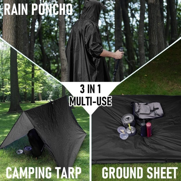 Multifunktionel regnponcho med hætte / camping presenning / beskyttelse til vandreture camping Sort