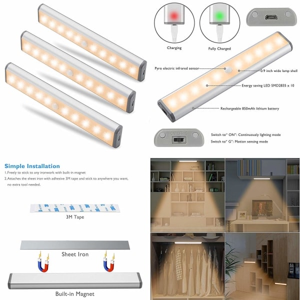 3-pakke, 10 LED magnetiske bevegelsessensorer, skaplys, automatisk på/av