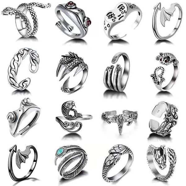 16 st Vintage Öppna Grodringar Set Knuckle Stacking Rings Söt Djur Ormring Klo Biker Cool Goth Ringar