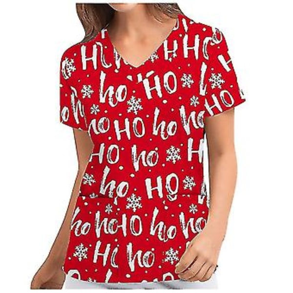 Juletrøje til kvinder - Sygeplejerskeuniform med korte ærmer, V-hals, julebluser, top (XL rød)