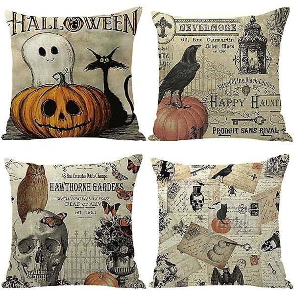 Halloween putetrekk 18x18 sett med 4 gresskar skjelettet spøkelse Halloween puter Dekorative puter Trekk Høstputer Halloween dekorasjon