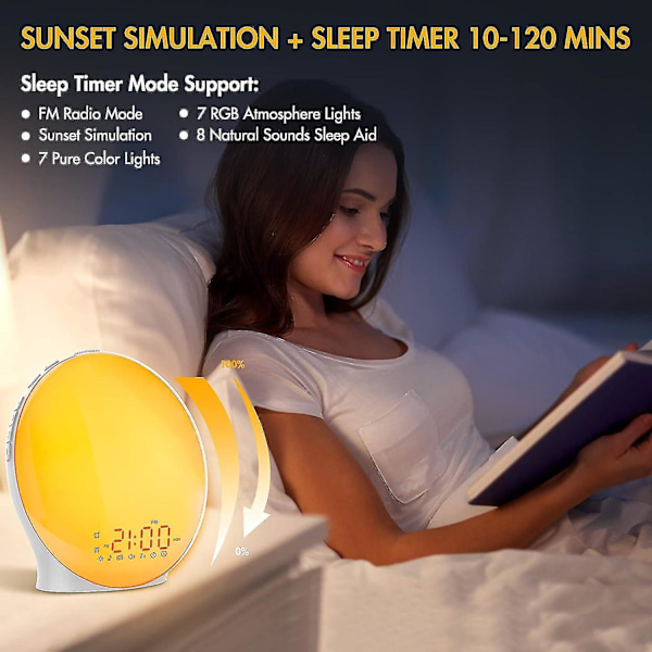 Sunrise Vækkeur, Fuld Skærm Vækkelampe med Solopgangssimulering, Dobbelte Alarmer, FM Radio, 8 Naturlige Lyde og Snooze, 3 Lystilstande, Digital Seng