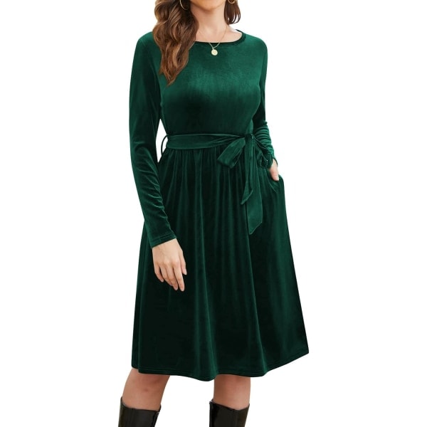 MOON Women's Clothing Christmas Long Sleeve Velvet Winter Formal Dresses Elegant Autumn Maxi Party Dress 3#Dark Green Medium