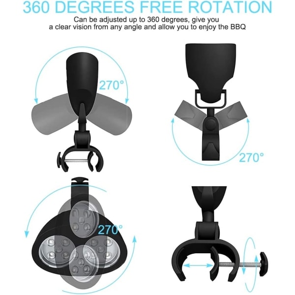 LED-grilllys, 360° rotasjon 10 LED-lys for gass/kull/elektrisk grill og camping