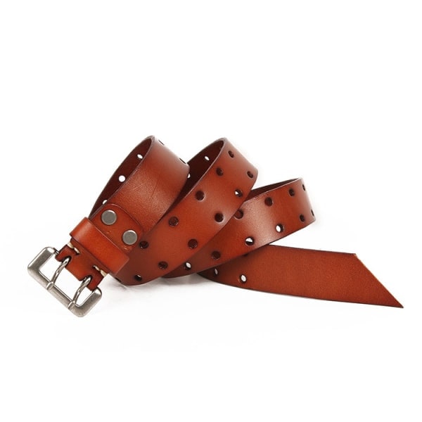 Herrar Dubbel Spänne Bälte 2-Hål Denim Läderbälte för Män Fars Dag Present till Pappa Morfar Marron 43.3\"-45.5\"