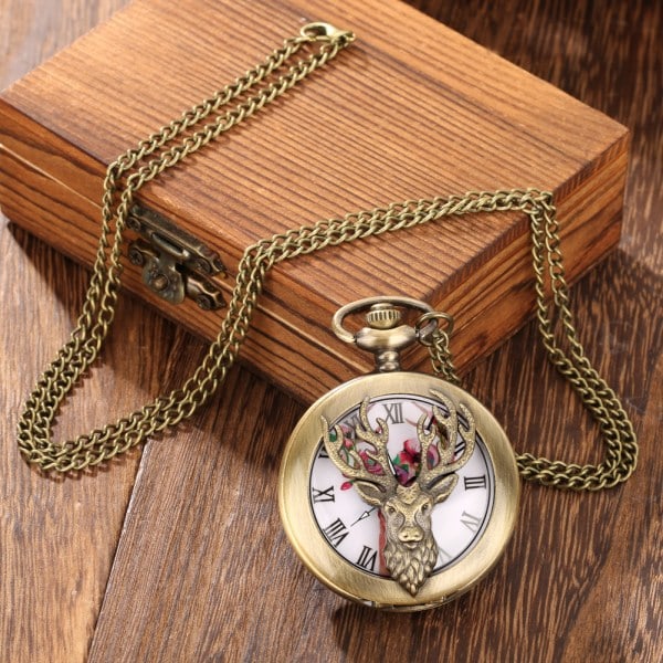 Retro Elk Hollow Kvartsklokke Unisex Analog Halskjegenser Hengekjede Klokker Klokker, Farsdagsgave Bronse