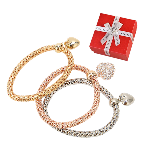 3Pcs Popcorn Chain Bracelet Alloy Fashionable Corn Chain Stretch Bracelets with Heart Shaped Pendant for Women Girls