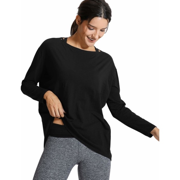 Træningstop med lange ærmer til kvinder - Løstsiddende - Pima bomuld Yoga Top Casual Efterårstoppe (M)