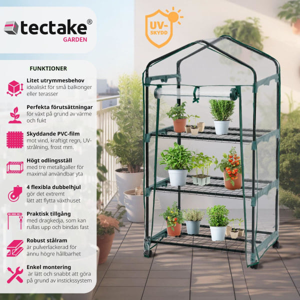 tectake Mobilt drivhus med 3 hyller 69x49x133cm Transparent