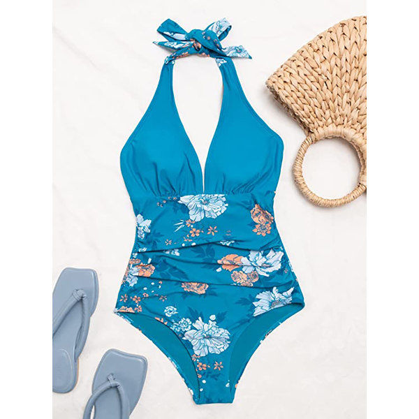 Dametøj Halter Neck V-hals Tummy Control Badedragt Mørkeblå Grøn med Blomstermønster L