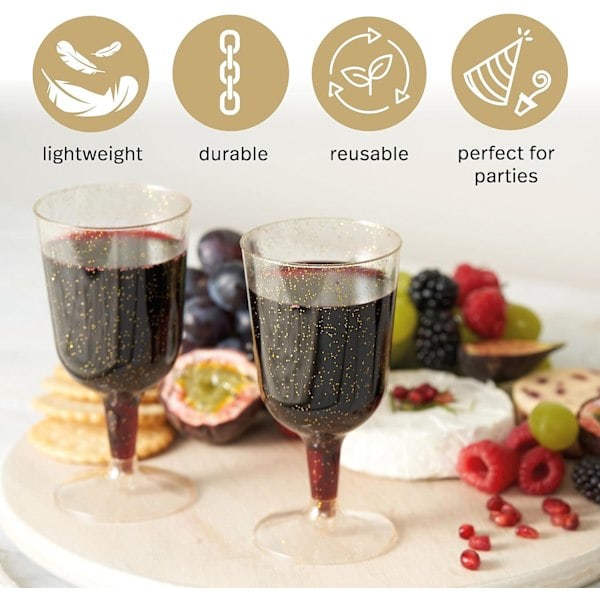 50 klare hardplast vinglass med gullglitter (170 ml) - robuste, gjenbrukbare - bursdag, bryllup, jul, nyttårsfeiring, fest