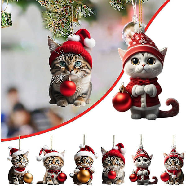Juletræspynt med kat, 2D akryl juletræspynt med kat, juletræspynt med kat, julegave [HK] 6 stk -B