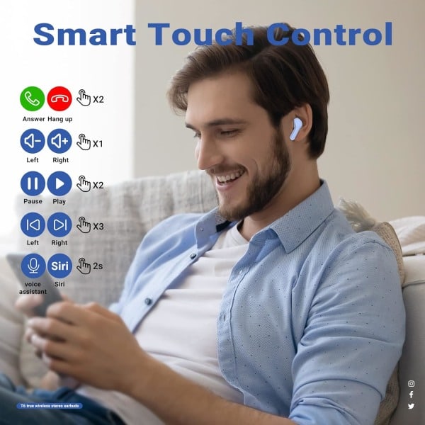 T6 Trådlösa Hörlurar, Bluetooth-Öronproppar med ENC Brusreducering, Transparenta In-Ear Hörlurar, Isblå