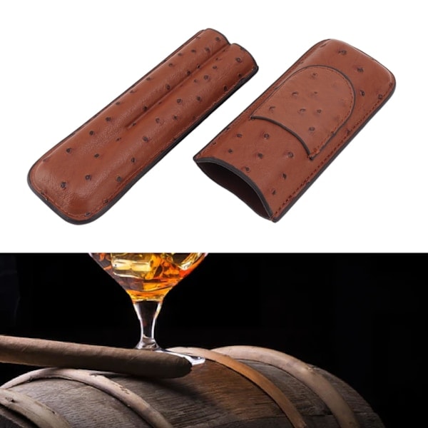 Cigar Etui Holder PU Læder Brun 2 Finger Cigar Bæretaske med Forlomme Bærbar til Jubilæum Fars Dag Gave