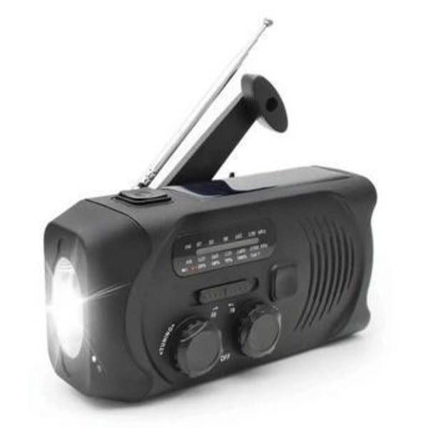 Svart vevradio med solceller, ficklampa och 2000mAh powerbank Nödradio, överlevnad svart