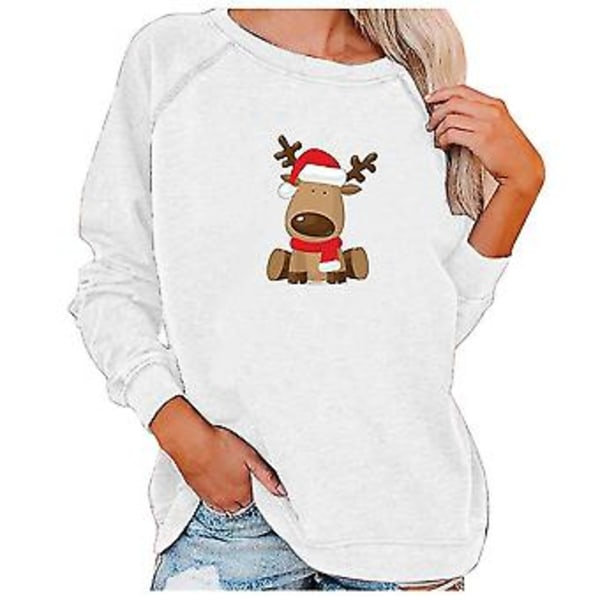 Kvinnors Julklänning Långärmad T-shirt Jul Söt Elk Tryckt Topp Blus Storlek L Vit