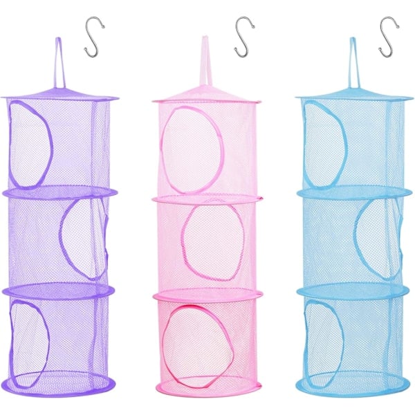 Förvaringsnät för barn (rosa, lila, blå - 75*27 cm), hopfällbart nätkorg med S-krok för gosedjur små kläder underkläder strumpor