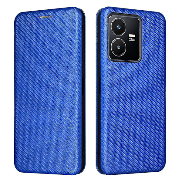 Kompatibel med Vivo Y22/ Y22s 2022 Karbonfiber Mønster Premium Flip Etui med Kortlomme Magnetisk Lukking Blue