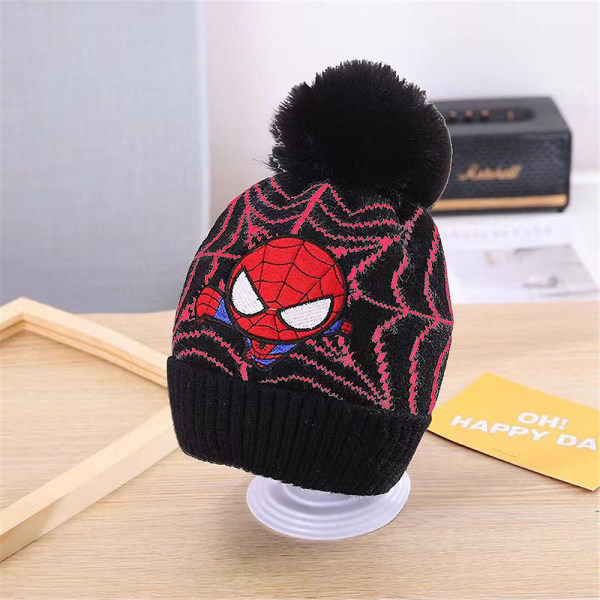 REMAKE Barn Pojk Spiderman Hatt Vinter Varm Pom Pom Tjock Stickad Mössa Svart