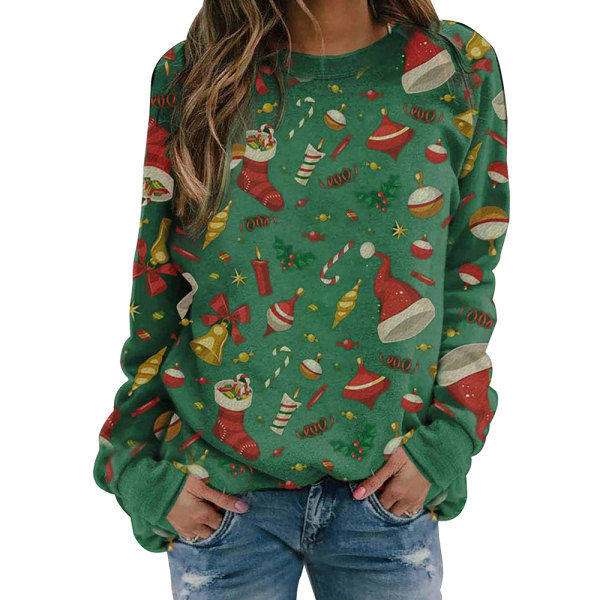 Women's Christmas Print Long Sleeve Casual Green Christmas Tree L